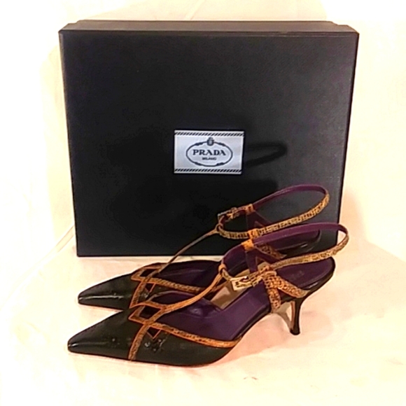 🔥 NWT Prada Black/Snake Skin Leather Kitten Heels - Picture 3 of 11